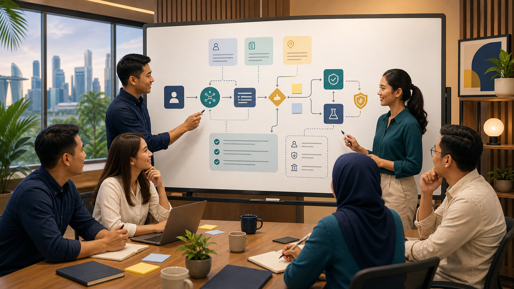 Business professionals mapping governed AI agent handoffs and approval gates