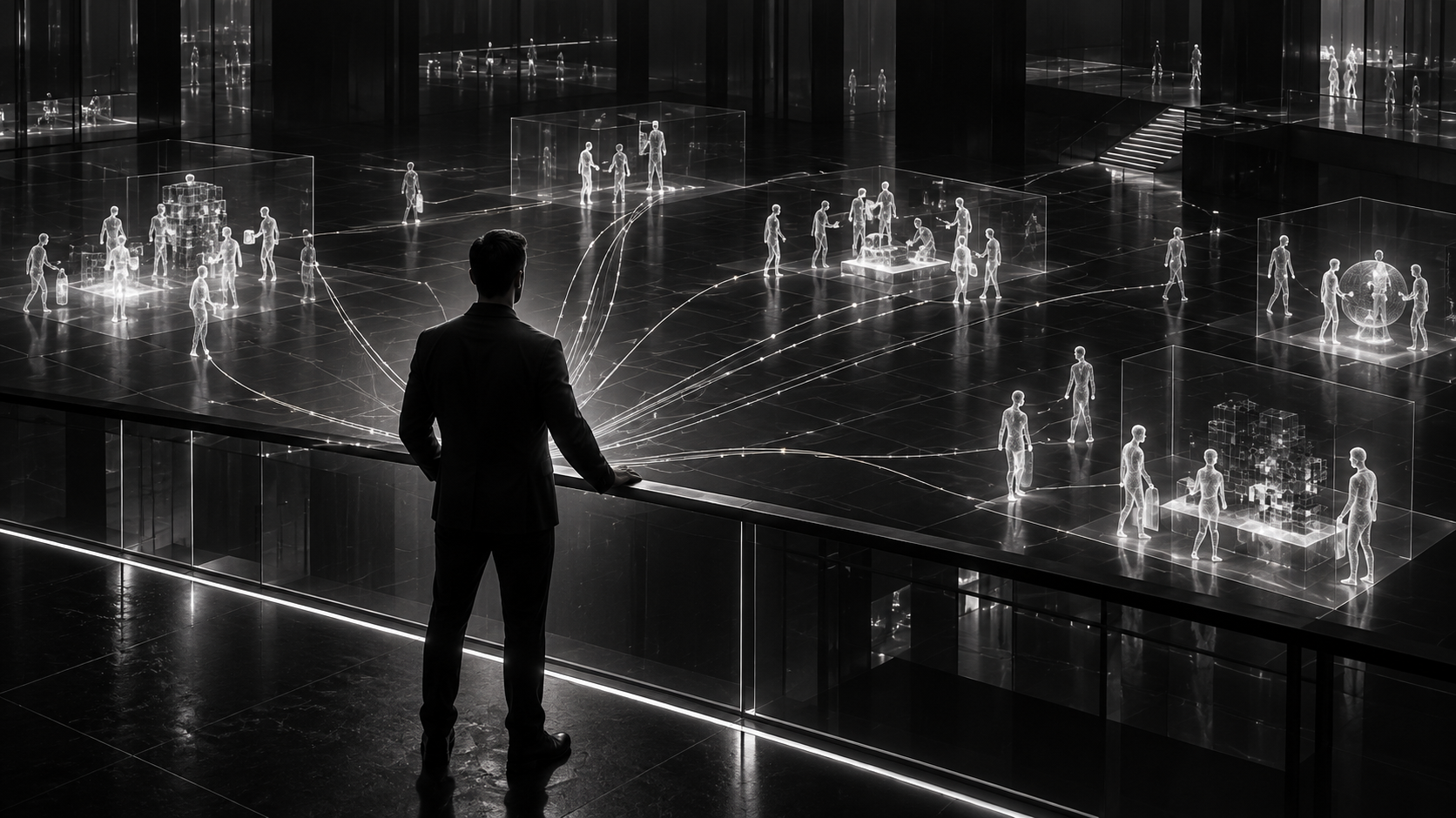 A human leader directing a coordinated digital workforce through a governed operating structure