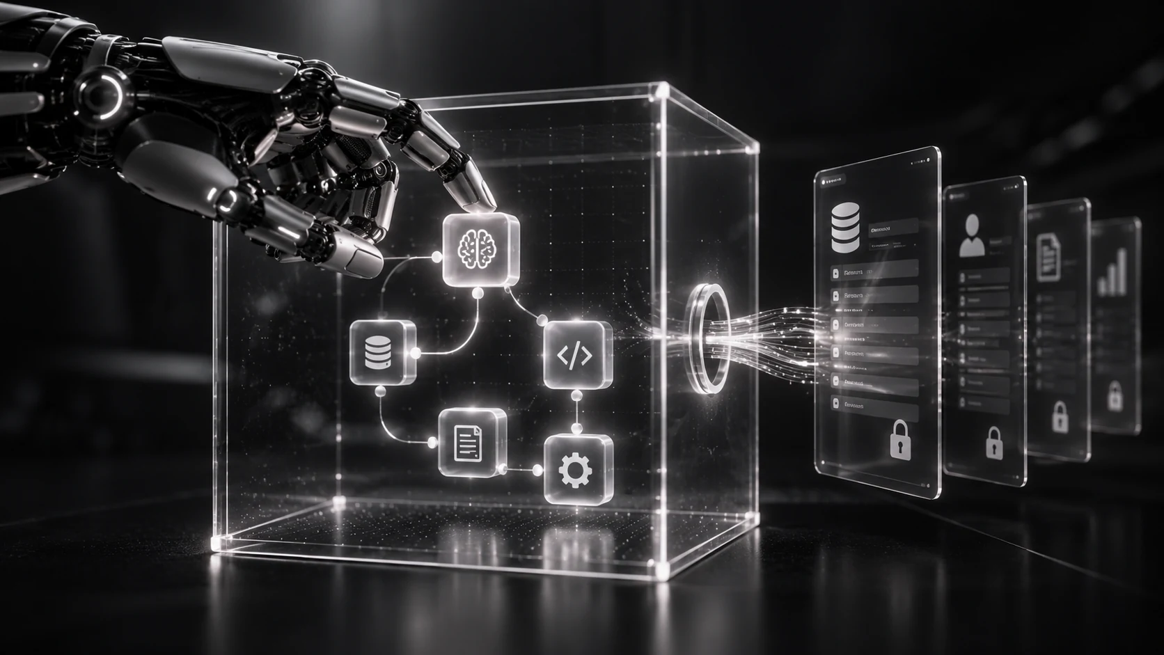 Bounded agent creation inside business apps, represented in a cinematic graphite and silver composition