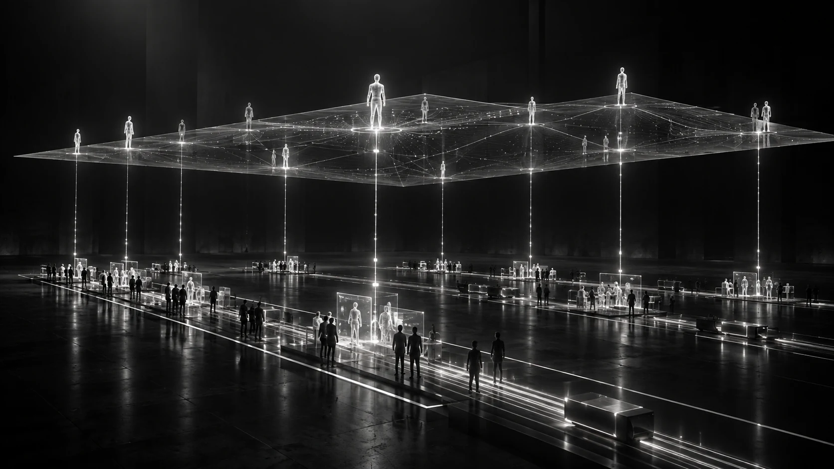 The operating control plane above autonomous work, represented in a cinematic graphite and silver composition
