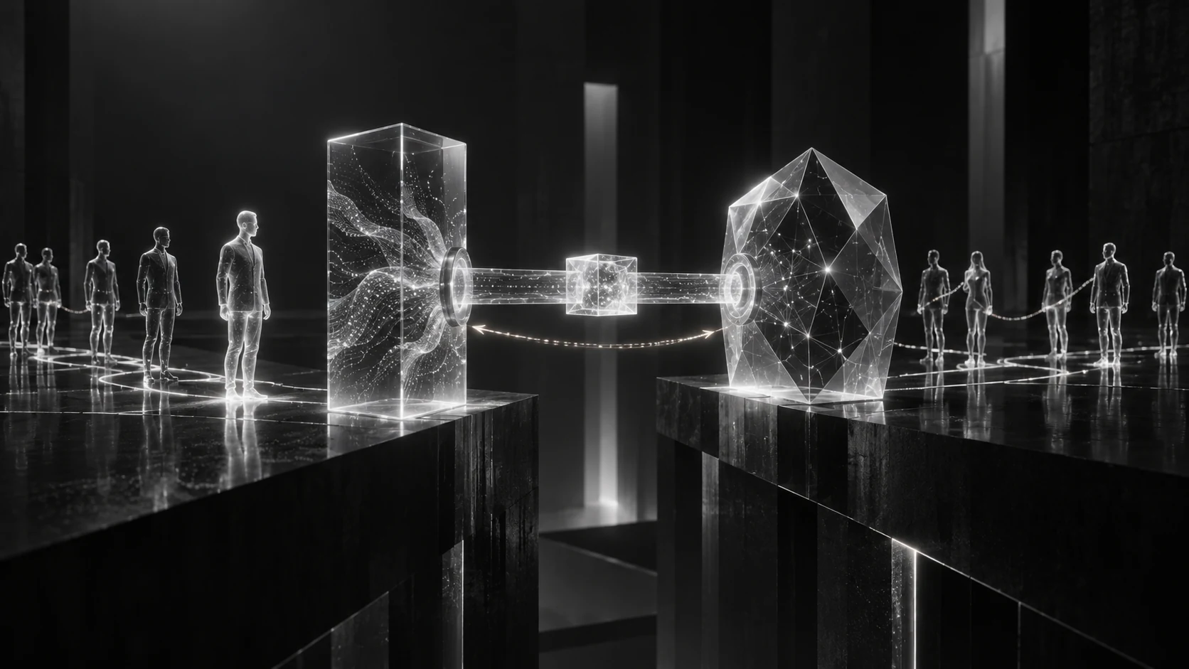 Governed handoffs between agents, represented in a cinematic graphite and silver composition