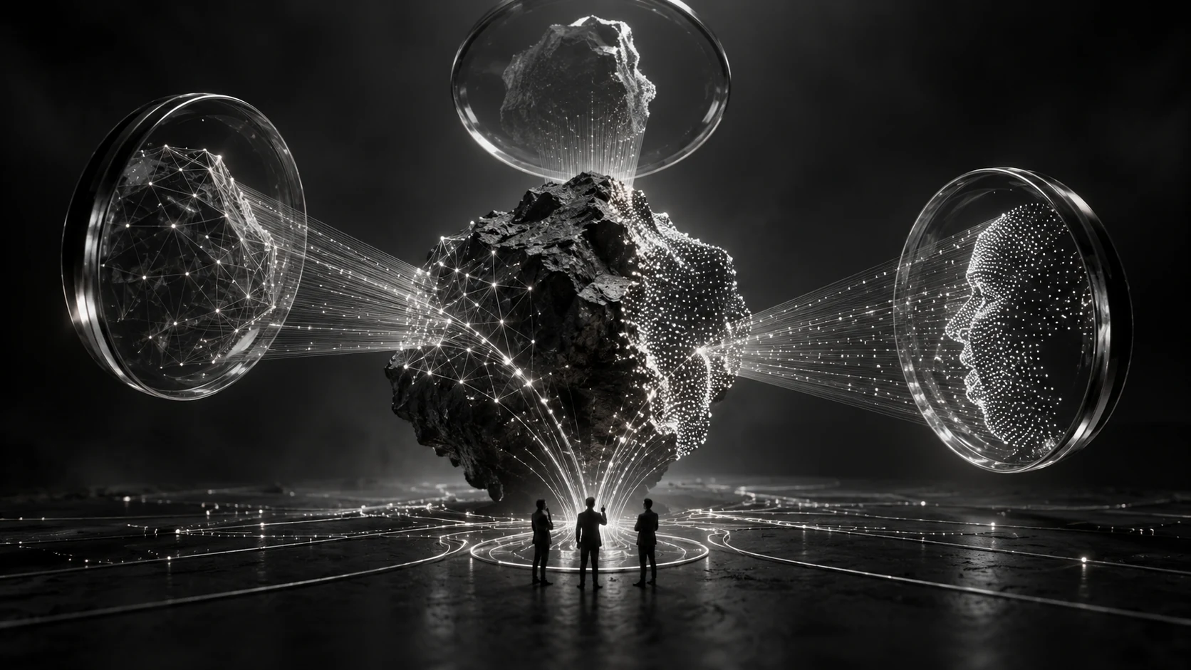 Independent evidence and designed dissent, represented in a cinematic graphite and silver composition