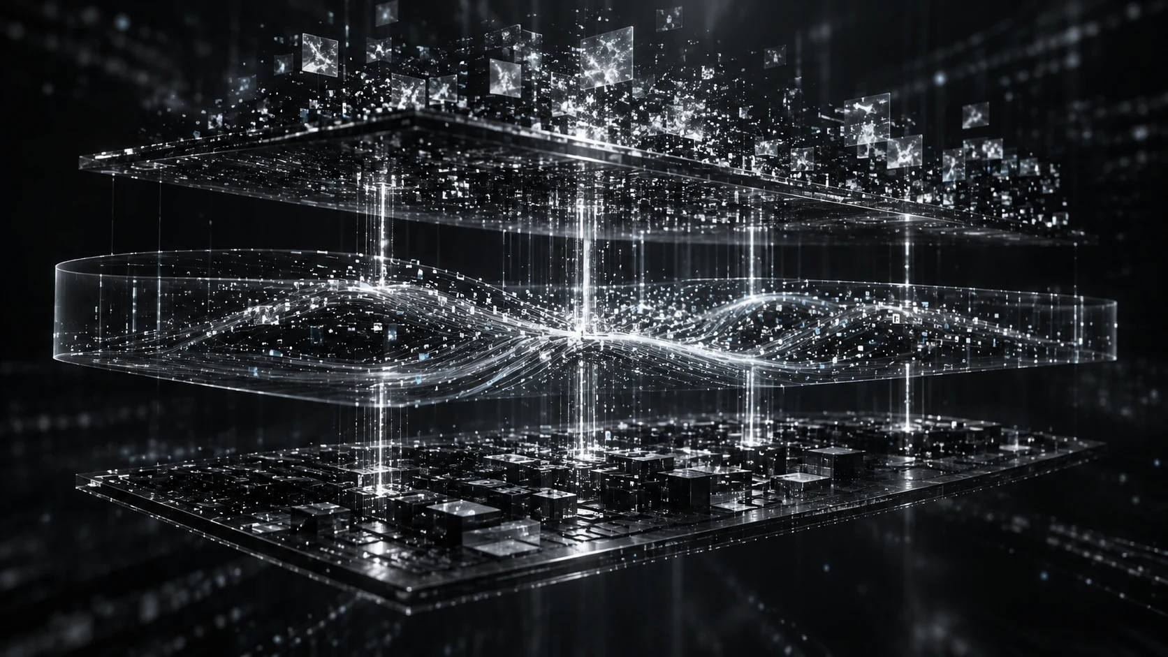 Agents as the business execution layer, represented in a cinematic graphite and silver composition
