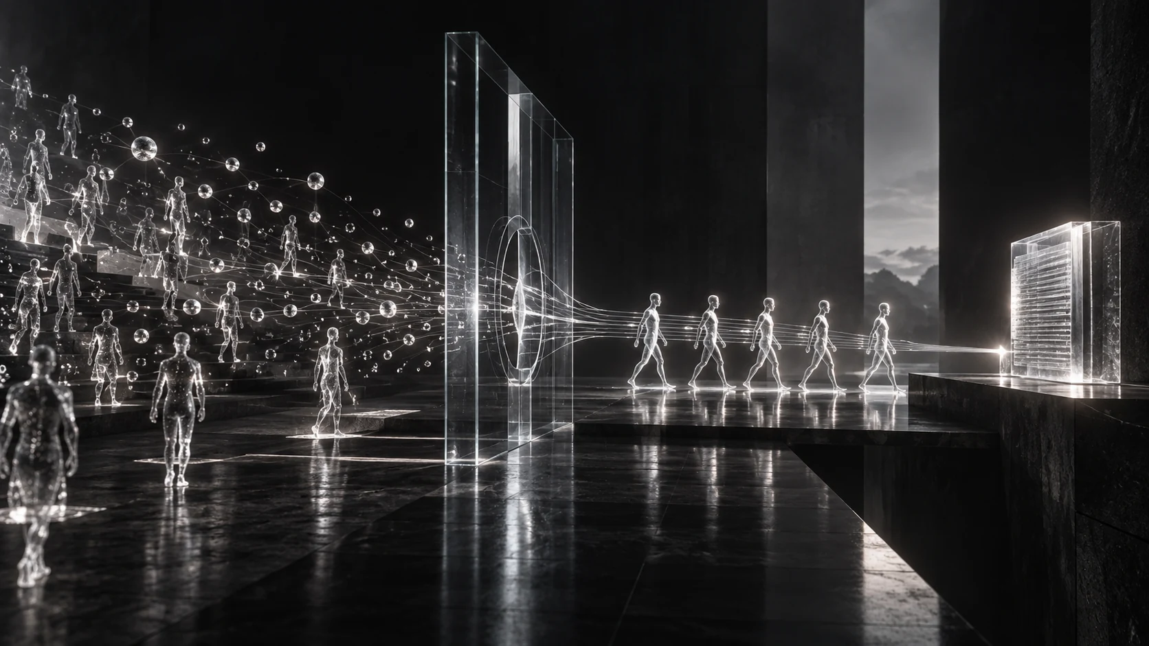 From suggestions to authorised action, represented in a cinematic graphite and silver composition