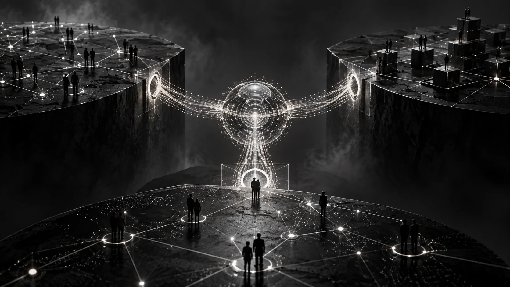 Controlled connectors across business systems, represented in a cinematic graphite and silver composition