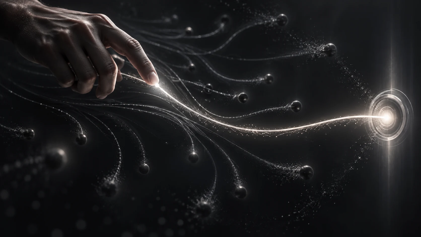 Choosing valuable problems before rapid execution, represented in a cinematic graphite and silver composition