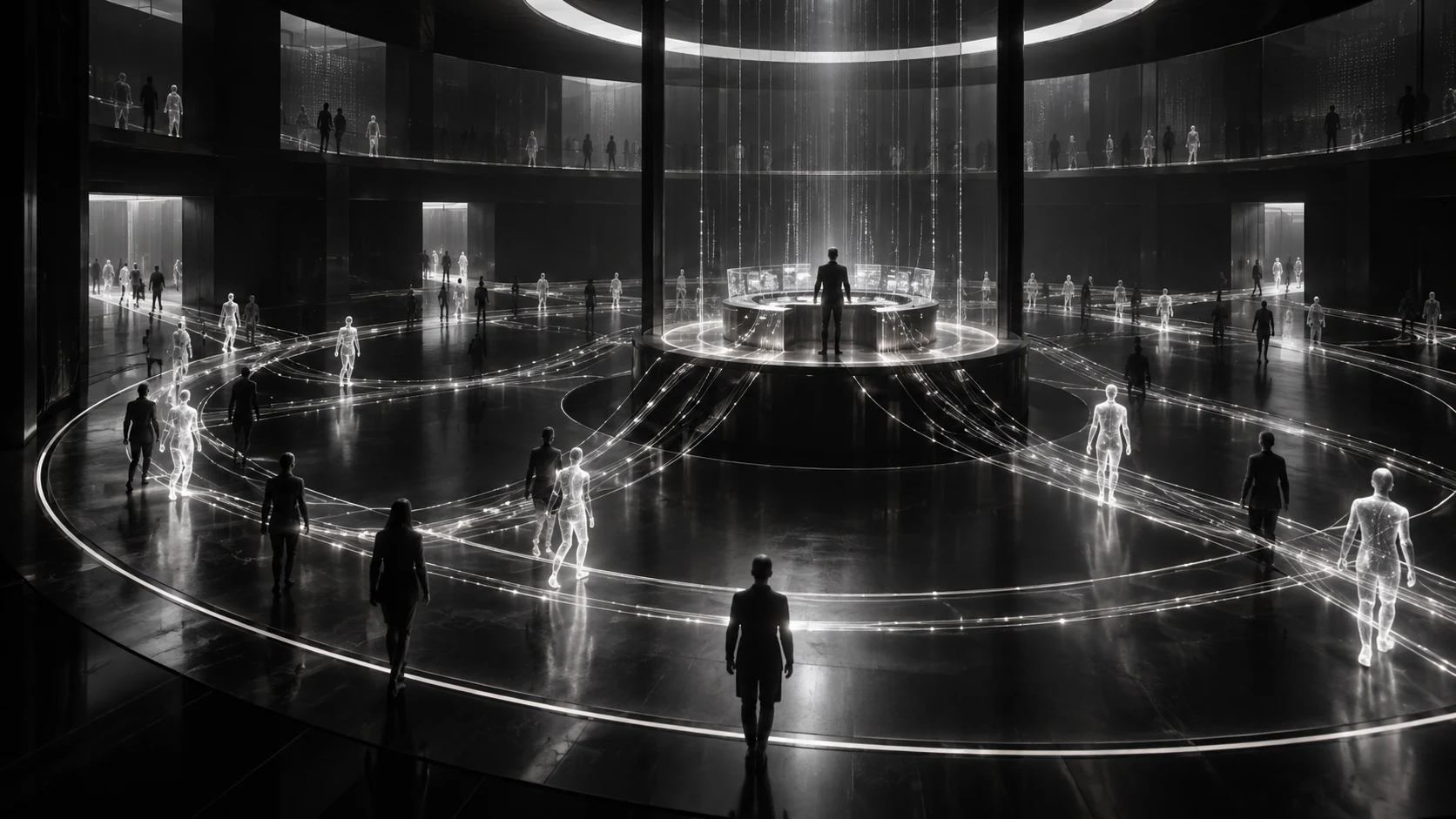 Persistent work with visible operating control, represented in a cinematic graphite and silver composition