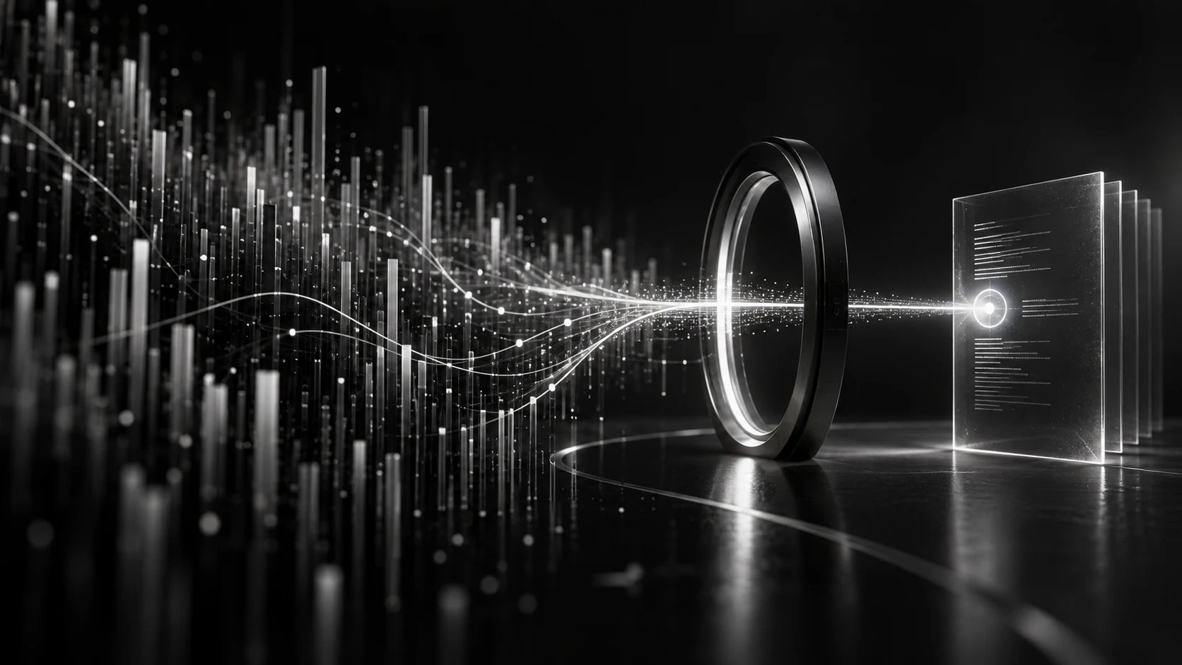 Analytics becoming a decision workflow, represented in a cinematic graphite and silver composition