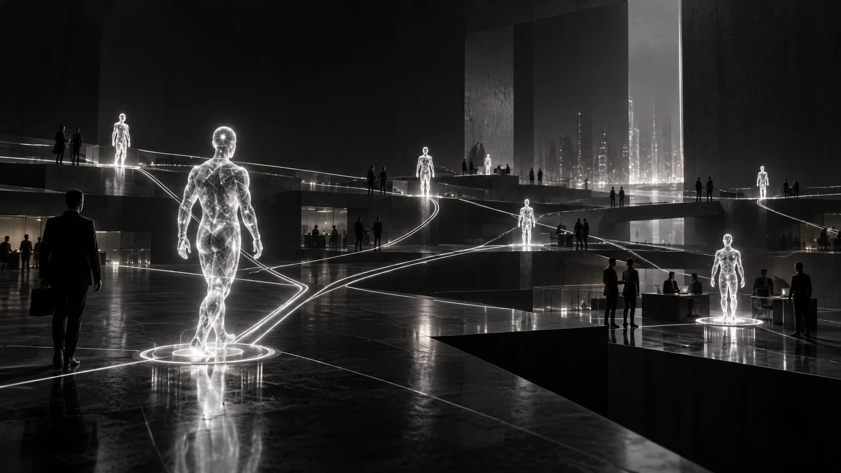 A growing network of autonomous business work, represented in a cinematic graphite and silver composition