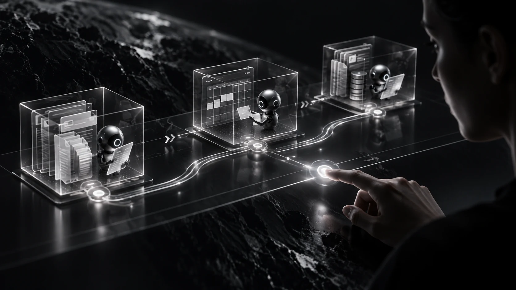 Workspace agents operating under control, represented in a cinematic graphite and silver composition