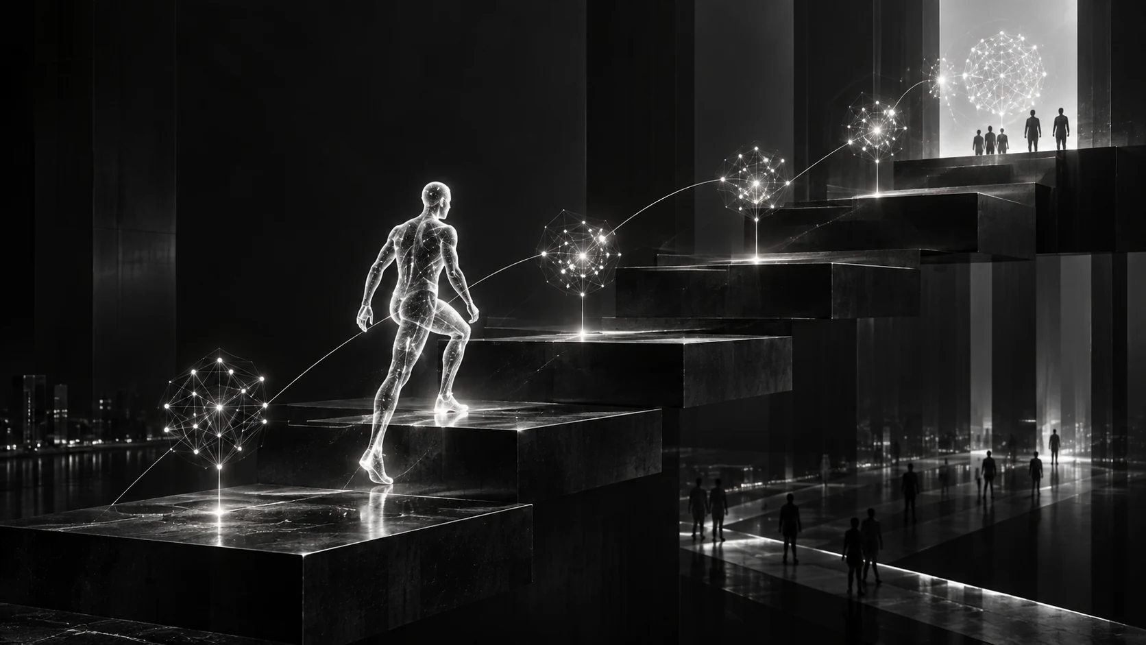 Human learning and career adaptability, represented in a cinematic graphite and silver composition