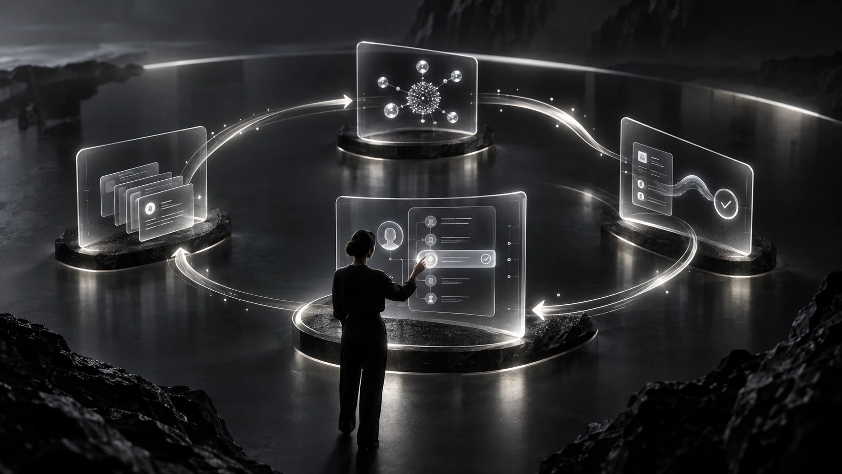 A non-technical human-led agent work loop, represented in a cinematic graphite and silver composition