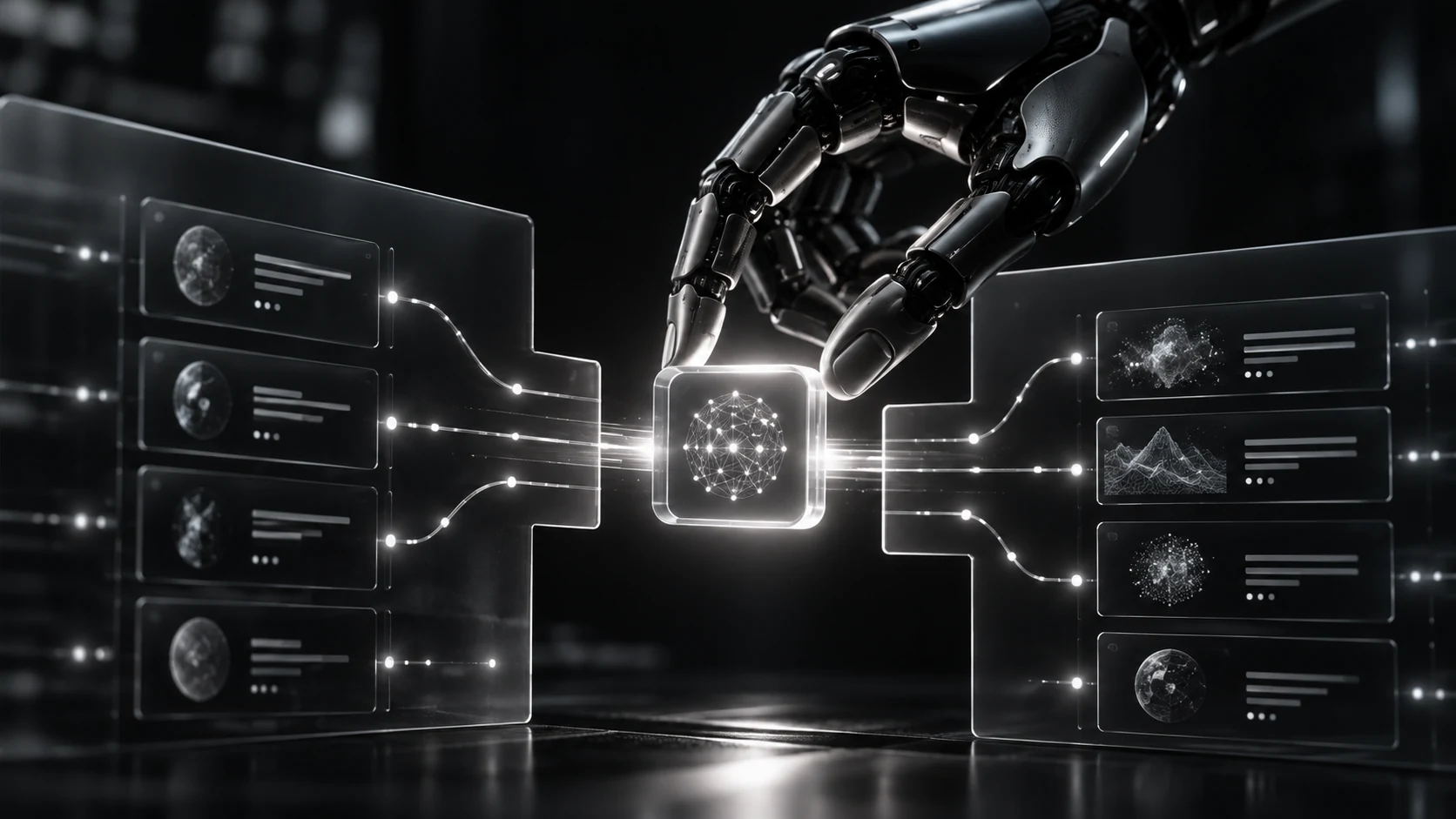 A focused agent integrated into an existing workflow, represented in a cinematic graphite and silver composition