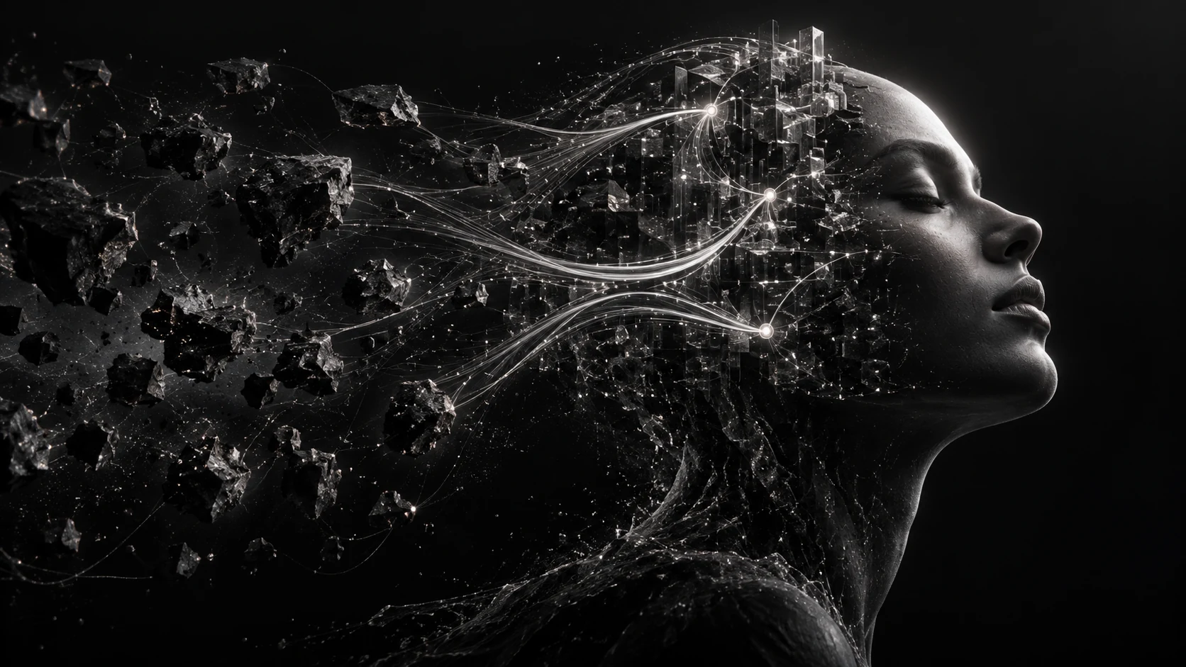 From fragmented tools to coherent operations, represented in a cinematic graphite and silver composition