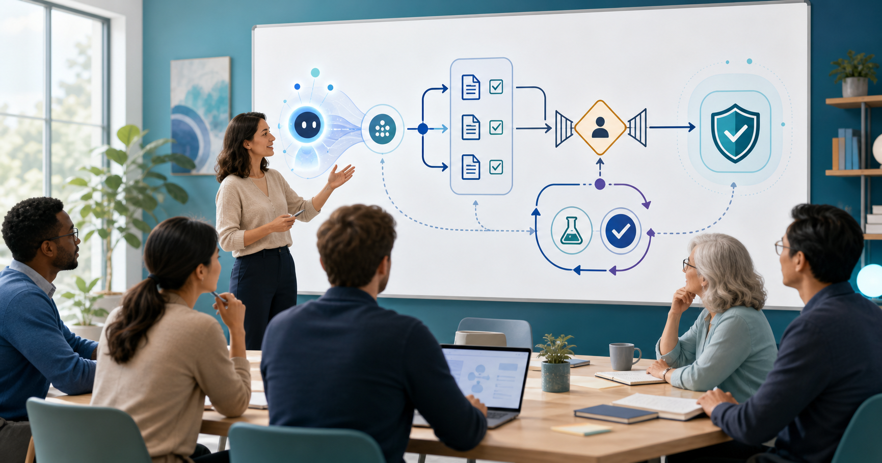 Business professionals supervising AI research agents with source checks and approval gates