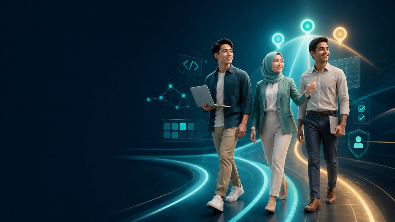 Three early-career professionals walking towards connected Tech and Accountancy opportunities